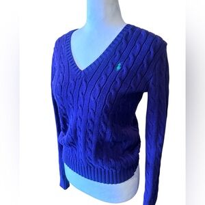 Polo Ralph Lauren Purple Cable Knit V Neck Sweater Pony Logo Classic Preppy